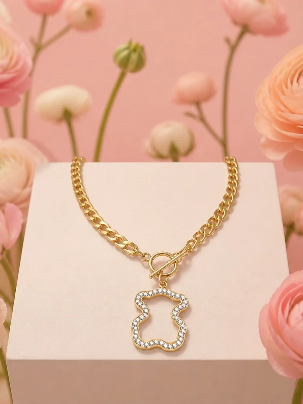 Gold Crystal Bear Pendant Chain Necklace - Women Jewelry